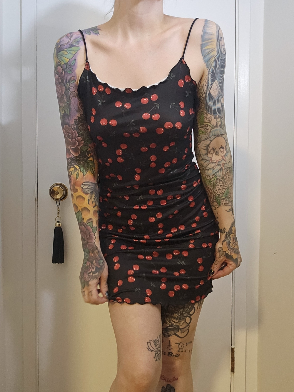 Y2K Cherry Print Slip Dress Black & Red Mini Sz S